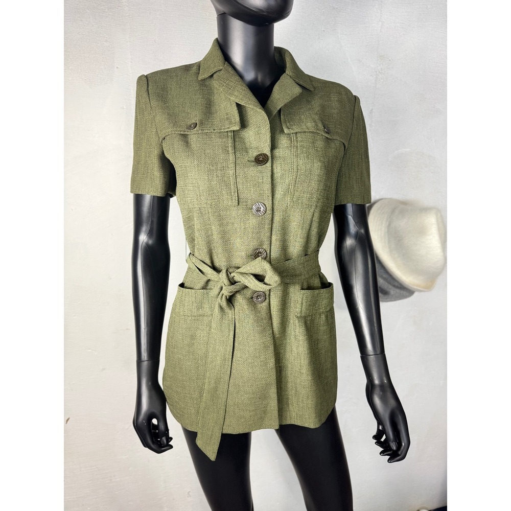 Dressbarn Olive Green Safari‎ Style Short Sleeve Belted Shirt Dress Sz 4